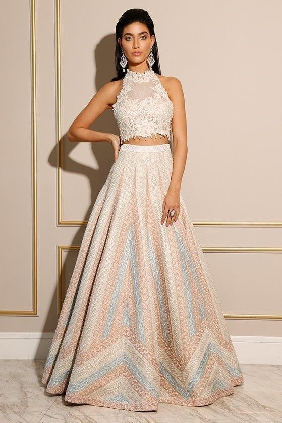image of white crop top and Anarkali skirt